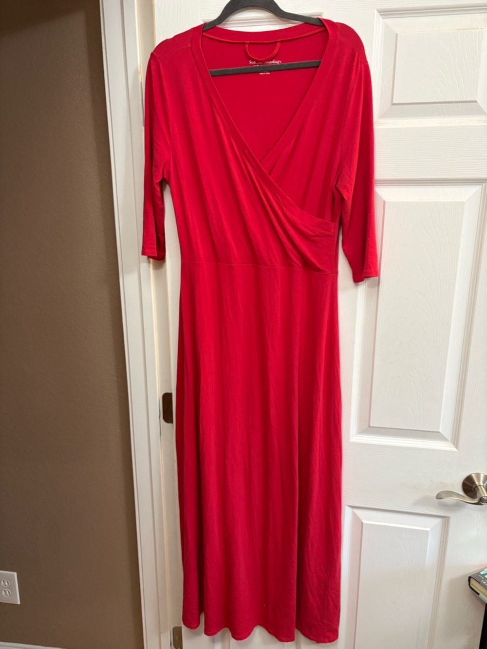 Soft surroundings wrap front maxi dress 3/4 sleeve V neck comfy stretch M